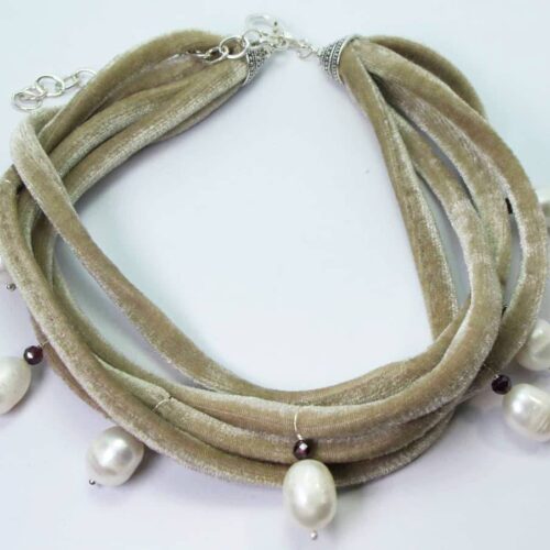 Multistrand velvet necklace with baroque pearls and rhodolite garnet