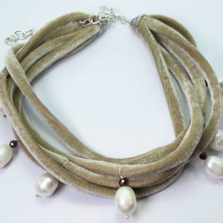 Multistrand velvet necklace with baroque pearls and rhodolite garnet