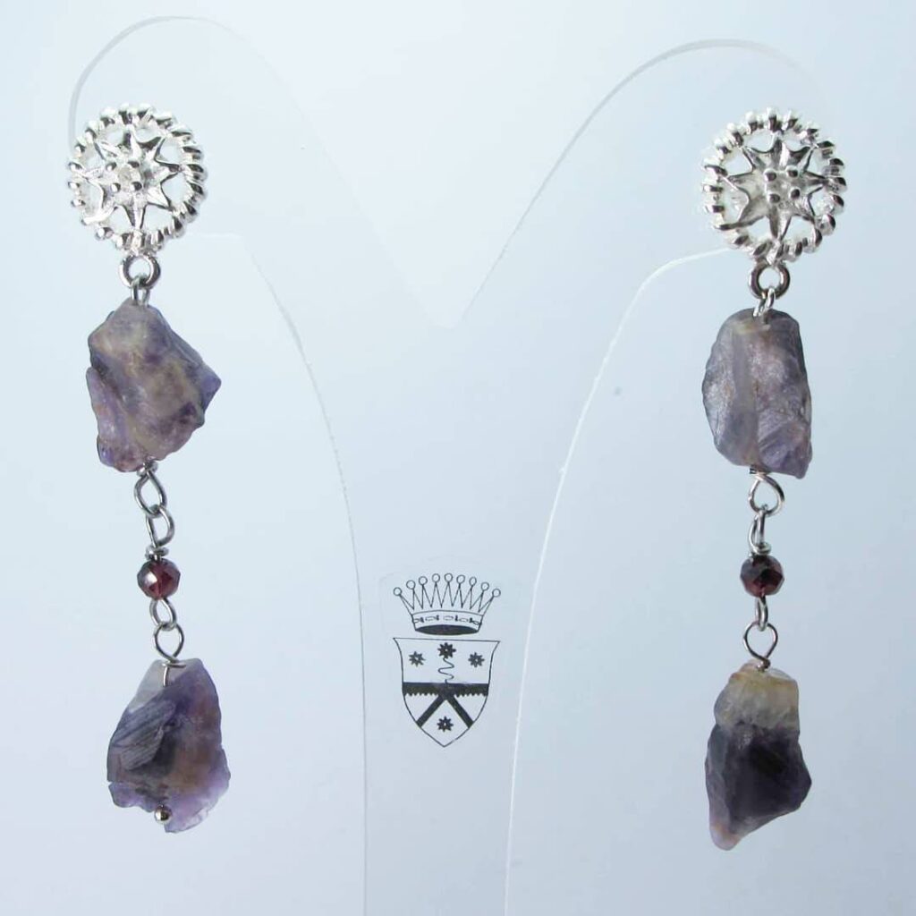 Earrings with rough amethyst and rhodolite garnet