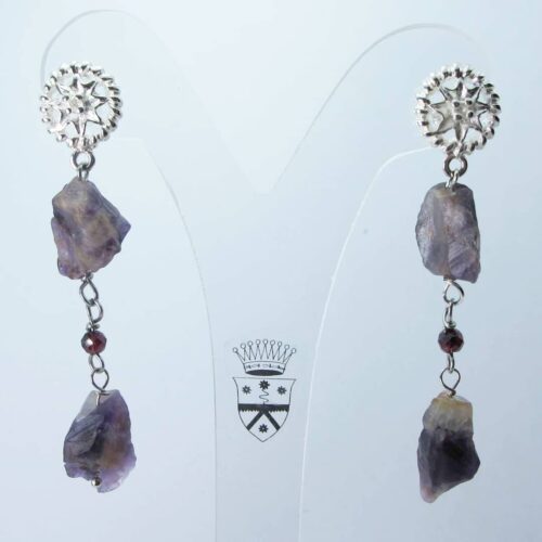 Earrings with rough amethyst and rhodolite garnet