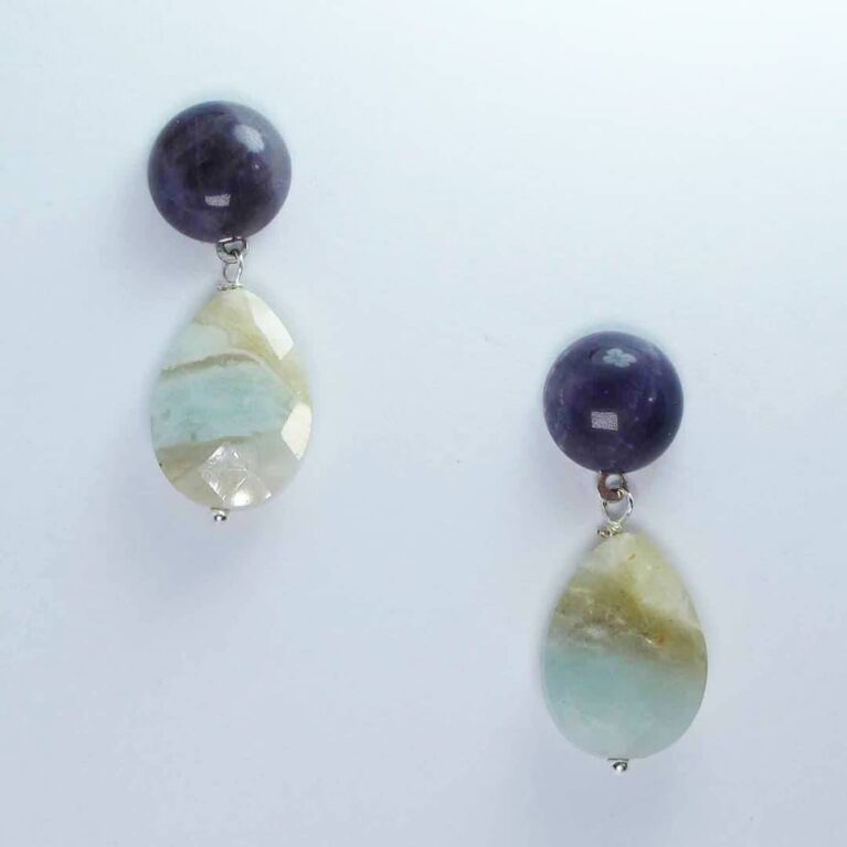 Earrings with amethyst cabochon and amazonite