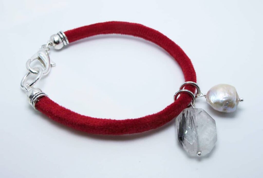 Red velvet bracelet with baroque pearl and rutilated quartz