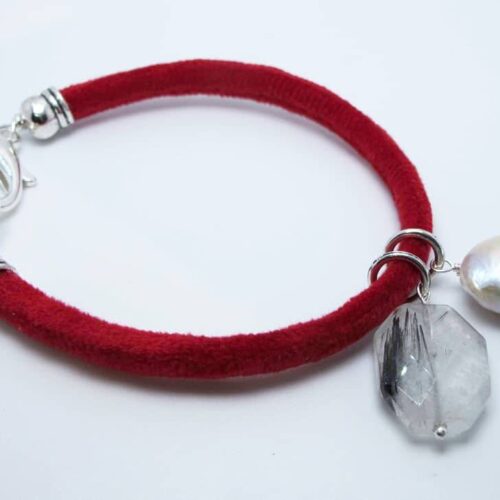 Red velvet bracelet with baroque pearl and rutilated quartz