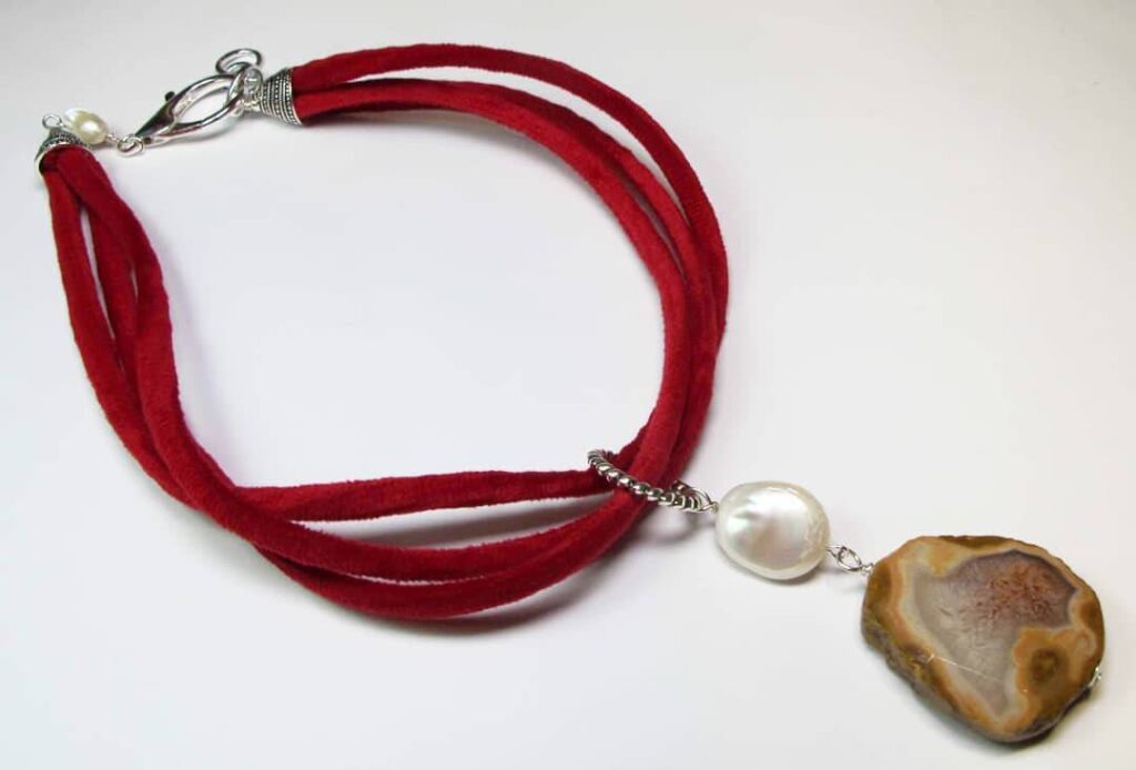 Multistrand red velvet necklace with Botswana agate and keshi pearl