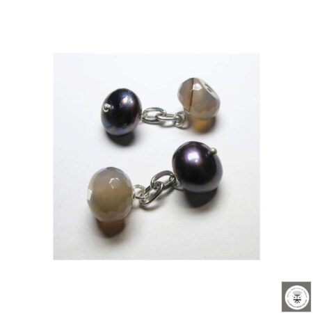 Gemelli con perle grigie e agata grigia