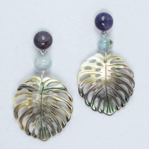 Earrings with cabochon amethyst, aquamarine and Tahiti mother of pearl carved leaf