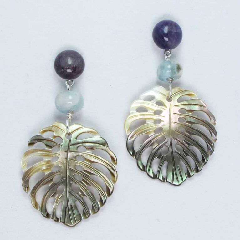 Earrings with cabochon amethyst, aquamarine and Tahiti mother of pearl carved leaf