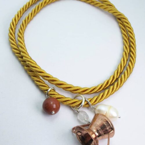Gold silk necklace with baroque pearl, grey quartz, copper conca and red jasper