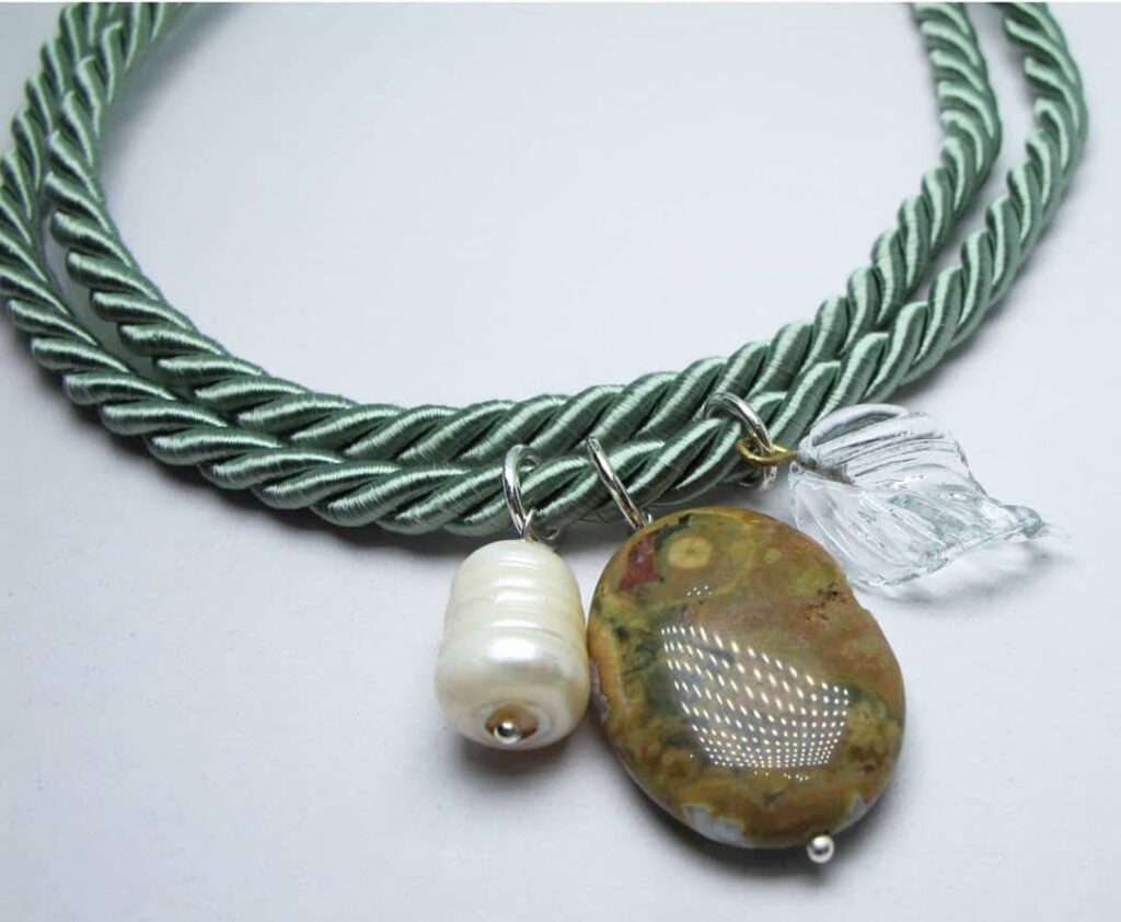 Green sage silk necklace with baroque pearl, rhyolite and swedish glass leaf