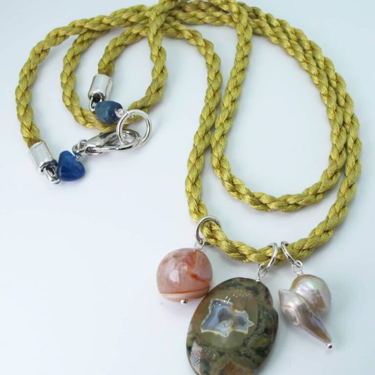Gold silk necklace with rhyolite, agate and baroque pearl