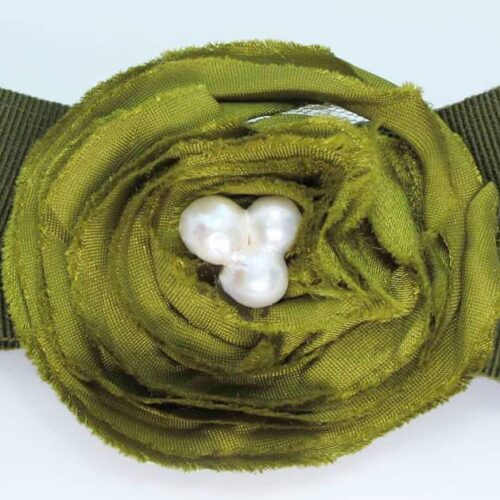 Bow French Barrette with green gros-grain and silk camelia with baroque pearl