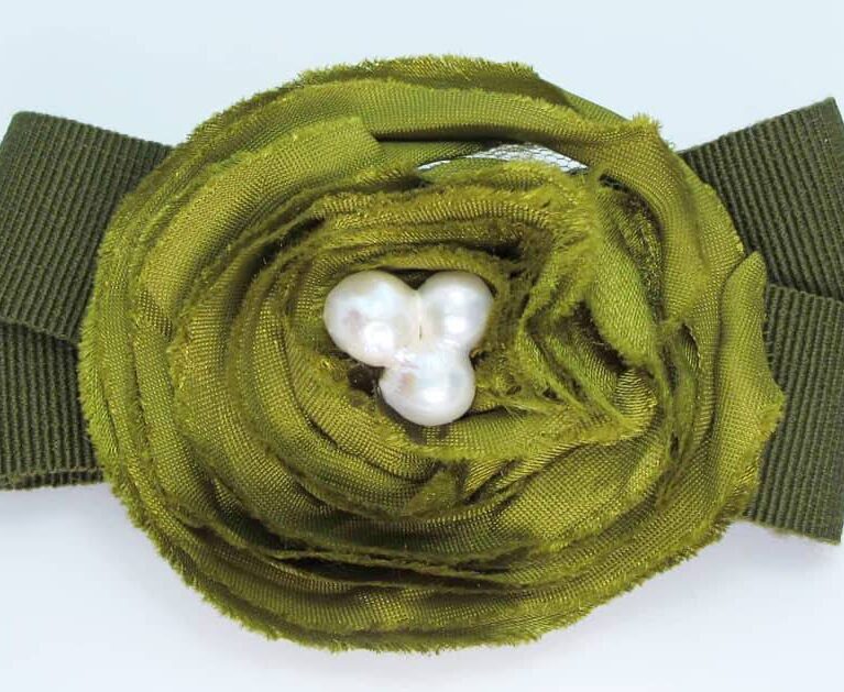 Bow French Barrette with green gros-grain and silk camelia with baroque pearl