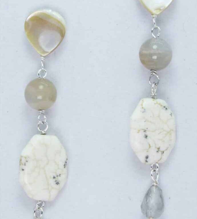 Earrings with mother of pearl, moonstone, jasper and grey quartz