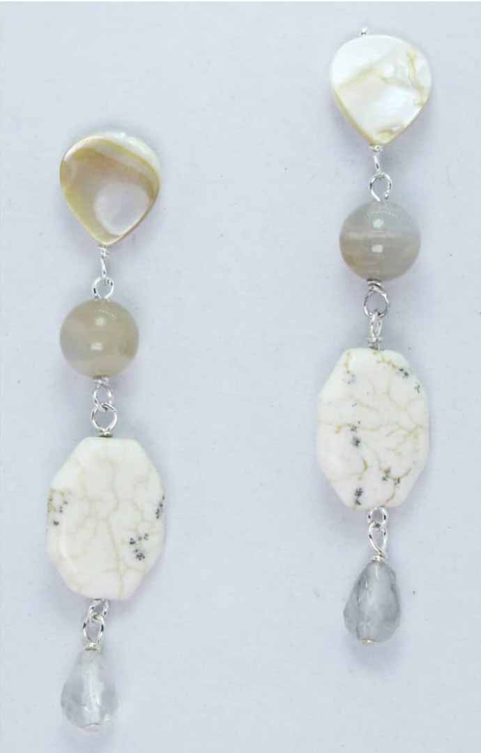 Earrings with mother of pearl, moonstone, jasper and grey quartz