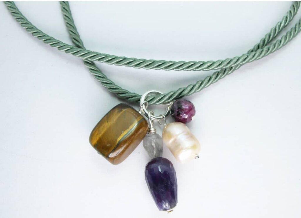 Green sage silk necklace with tiger eye, amethyst, grey quartz, pearl and rubyzoisite
