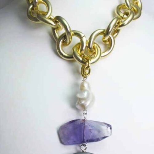 Necklace with grey agate, ametrine and baroque pearl. Blue gros grain bow closure