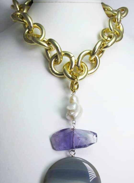 Necklace with grey agate, ametrine and baroque pearl. Blue gros grain bow closure