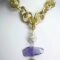 Necklace with grey agate, ametrine and baroque pearl. Blue gros grain bow closure
