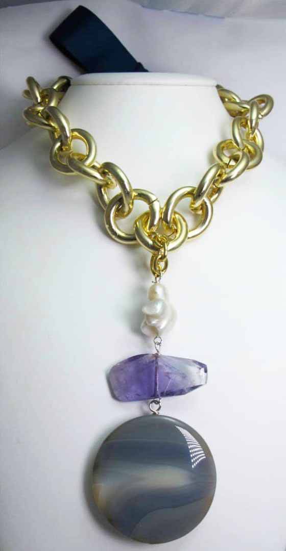 Necklace with grey agate, ametrine and baroque pearl. Blue gros grain bow closure