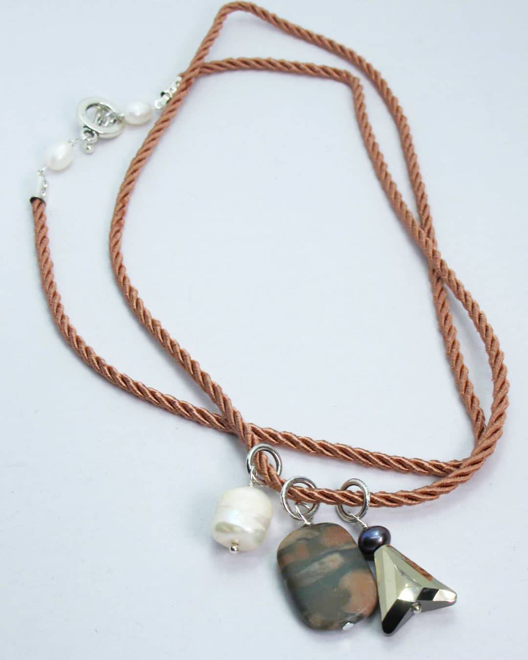 Pink silk necklace with baroque pearl, jasper, peacock pearl and Swarovski crystal