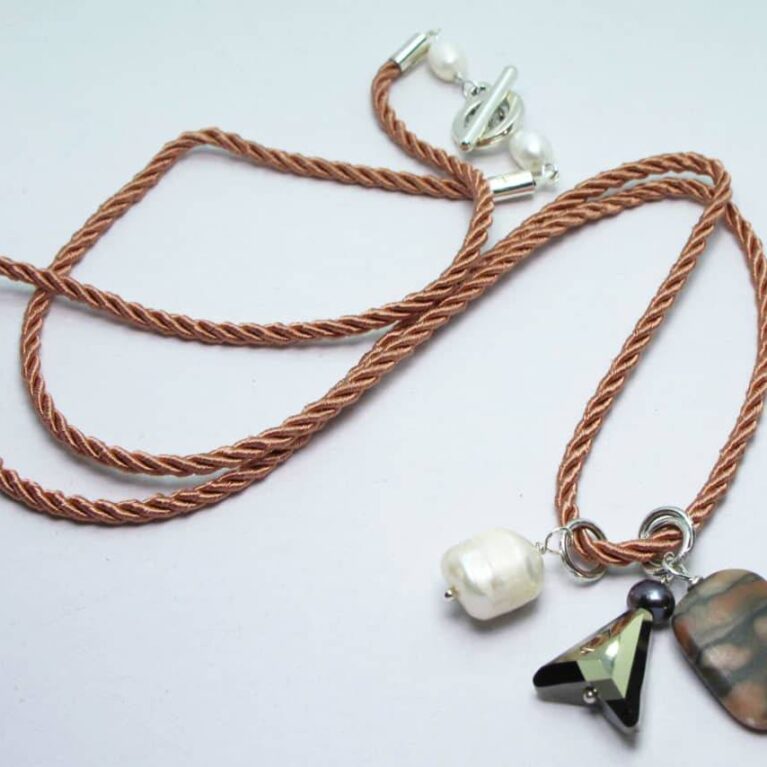 Pink silk necklace with baroque pearl, jasper, peacock pearl and Swarovski crystal