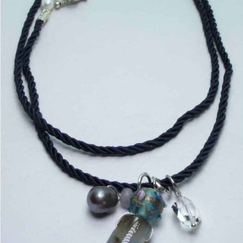 Blue silk necklace with agate, peacock pearls, Swarovski crystal, fluorite and Murano glass