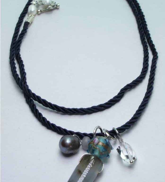 Blue silk necklace with agate, peacock pearls, Swarovski crystal, fluorite and Murano glass