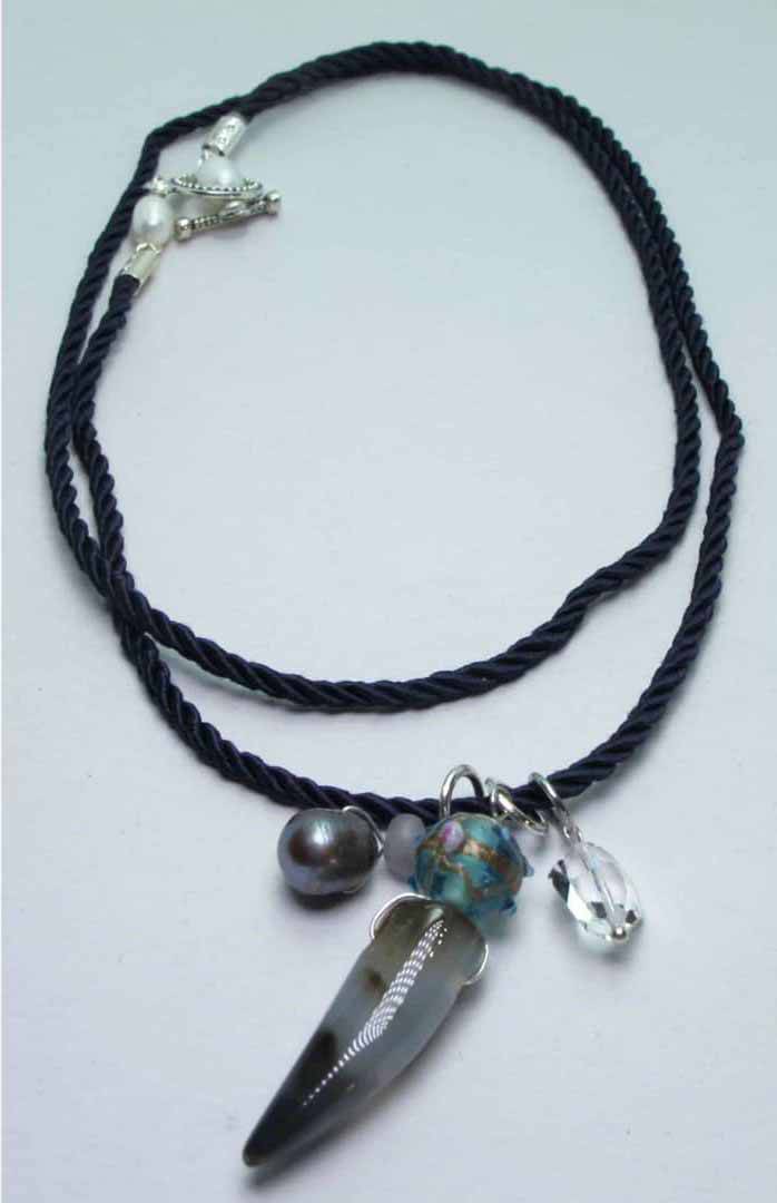 Blue silk necklace with agate, peacock pearls, Swarovski crystal, fluorite and Murano glass