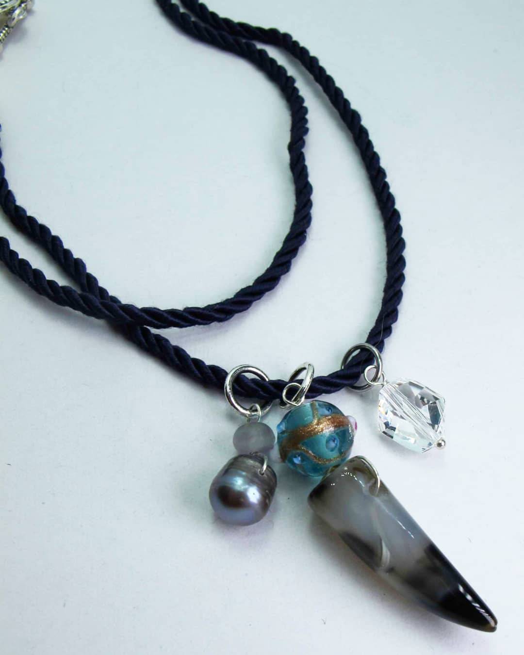 Blue silk necklace with agate, peacock pearls, Swarovski crystal, fluorite and Murano glass