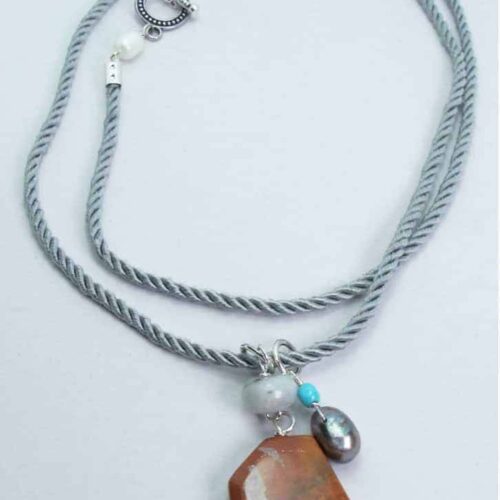 Grey silk necklace with red jasper, aquamarine, turquoise and peacock pearl