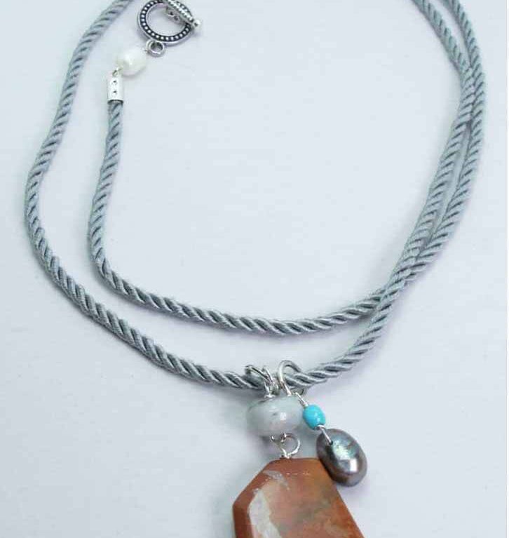Grey silk necklace with red jasper, aquamarine, turquoise and peacock pearl