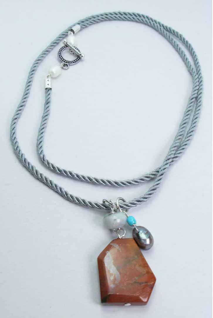 Grey silk necklace with red jasper, aquamarine, turquoise and peacock pearl