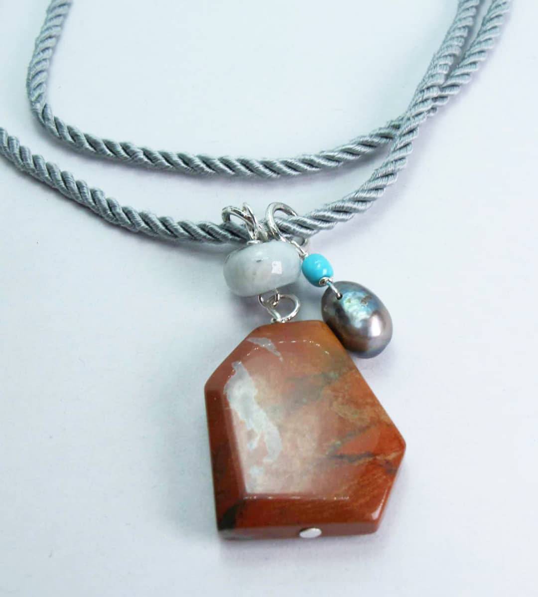 Grey silk necklace with red jasper, aquamarine, turquoise and peacock pearl