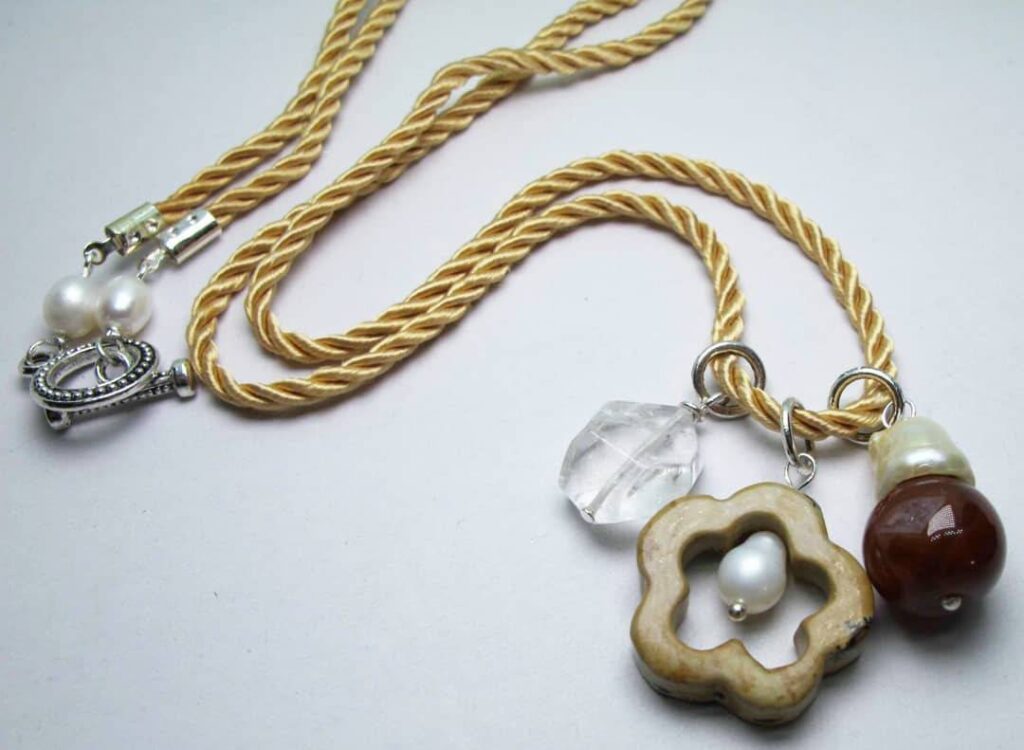 Champagne silk necklace with jasper, baroque pearls, rocky quartz and carnelian