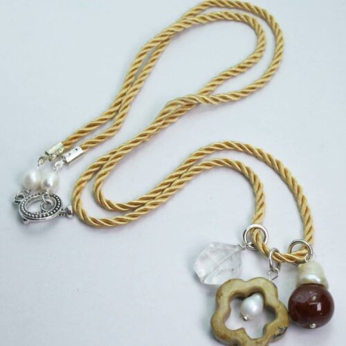 Champagne silk necklace with jasper, baroque pearls, rocky quartz and carnelian