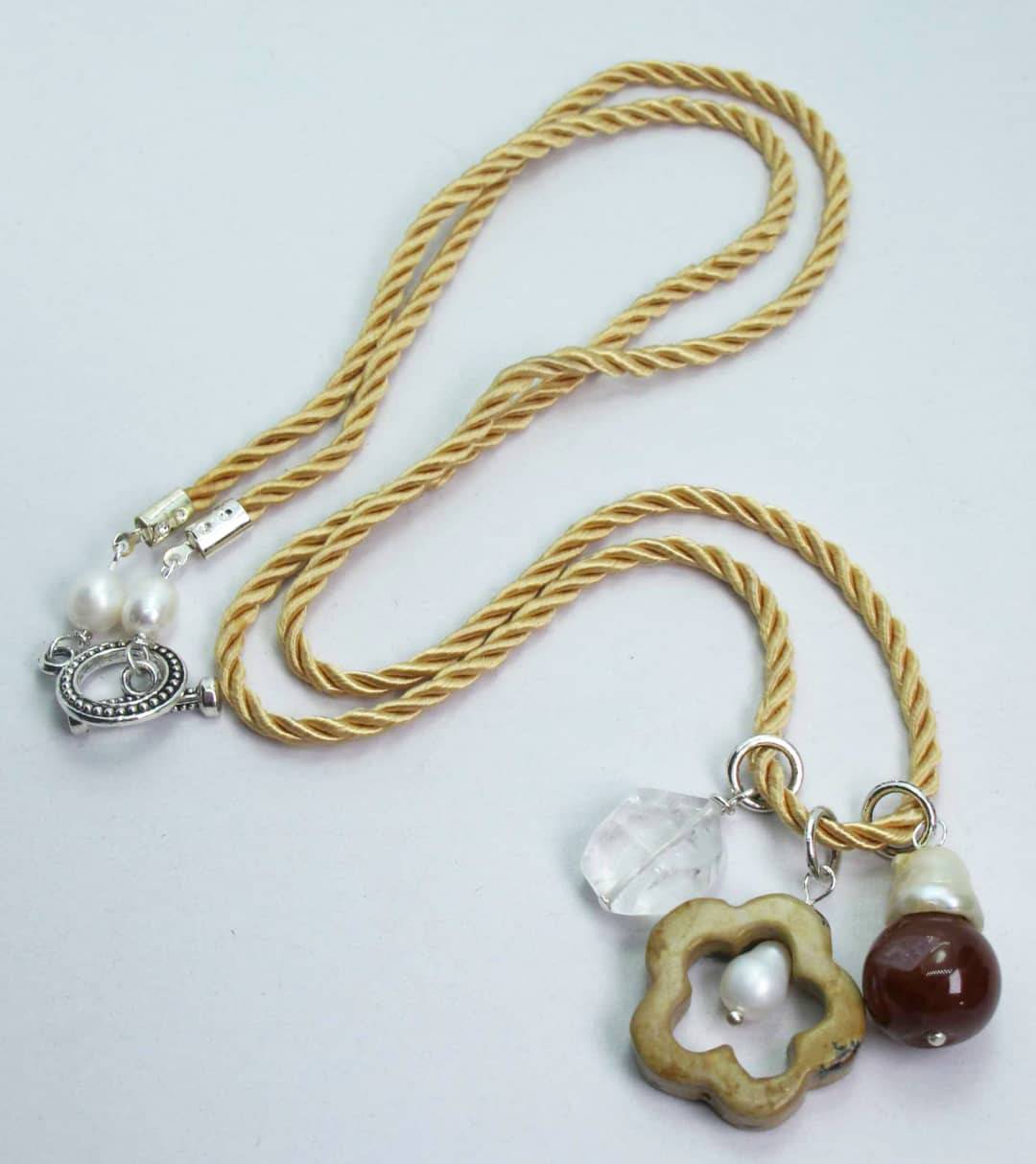 Champagne silk necklace with jasper, baroque pearls, rocky quartz and carnelian