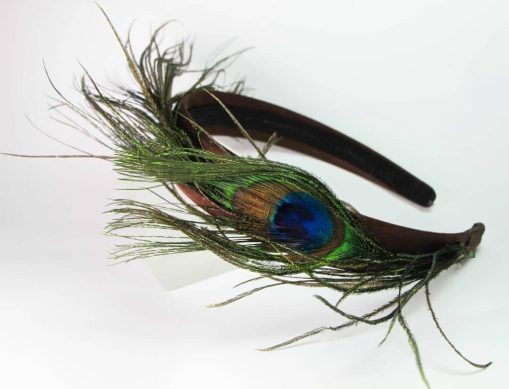 Brown silk headband with peacock feathers