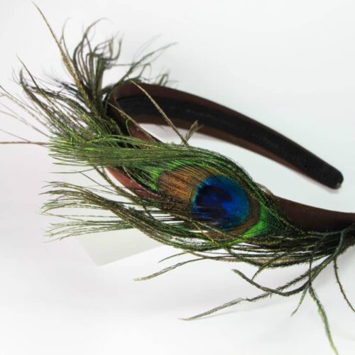 Brown silk headband with peacock feathers
