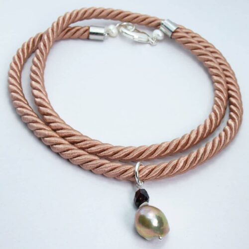 Pink silk necklace with big baroque pearl and garnet