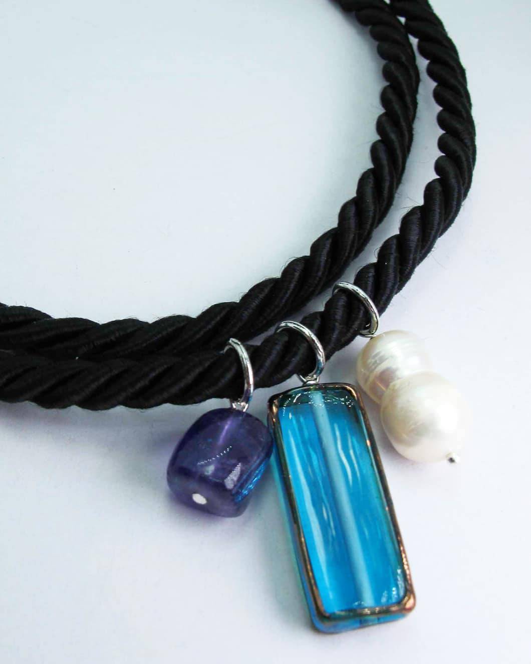 Black silk necklace with baroque pearl, glass and amethyst