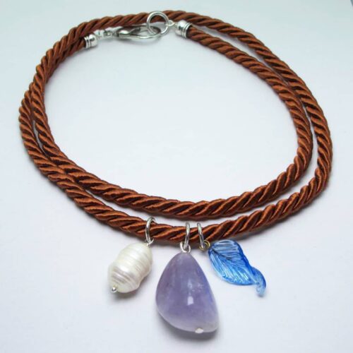 Dark orange silk necklace with baroque pearl, amethyst and swedish glass leaf