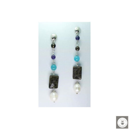 Orecchini lunghi con perle barocche, labradorite marrone, angelite, quarzo fumè e ametista