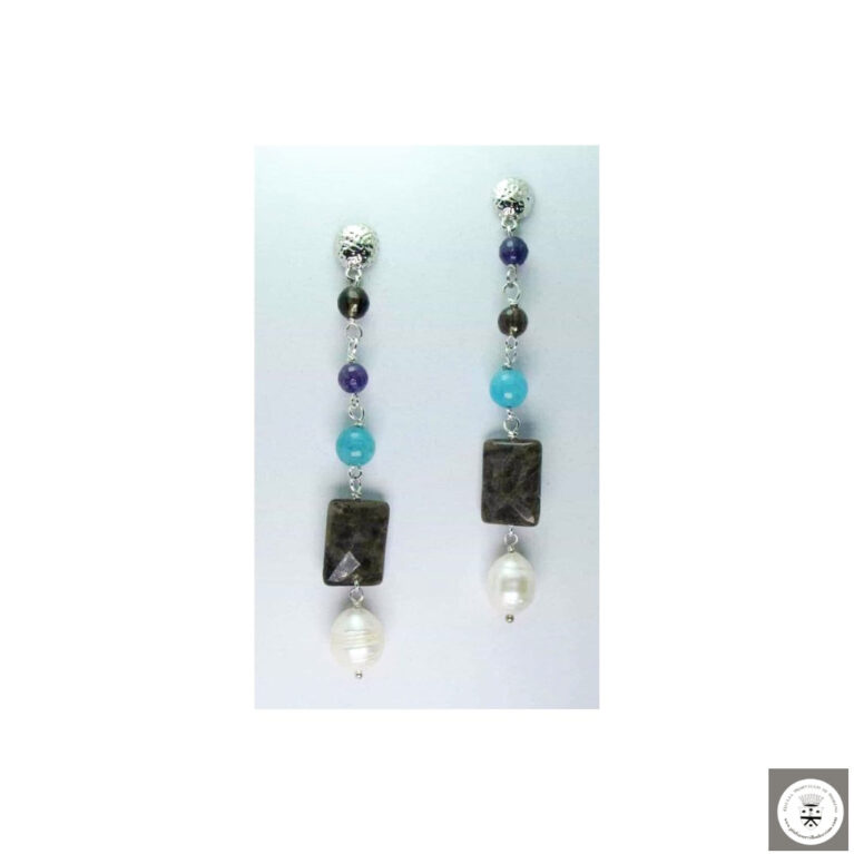 Orecchini lunghi con perle barocche, labradorite marrone, angelite, quarzo fumè e ametista