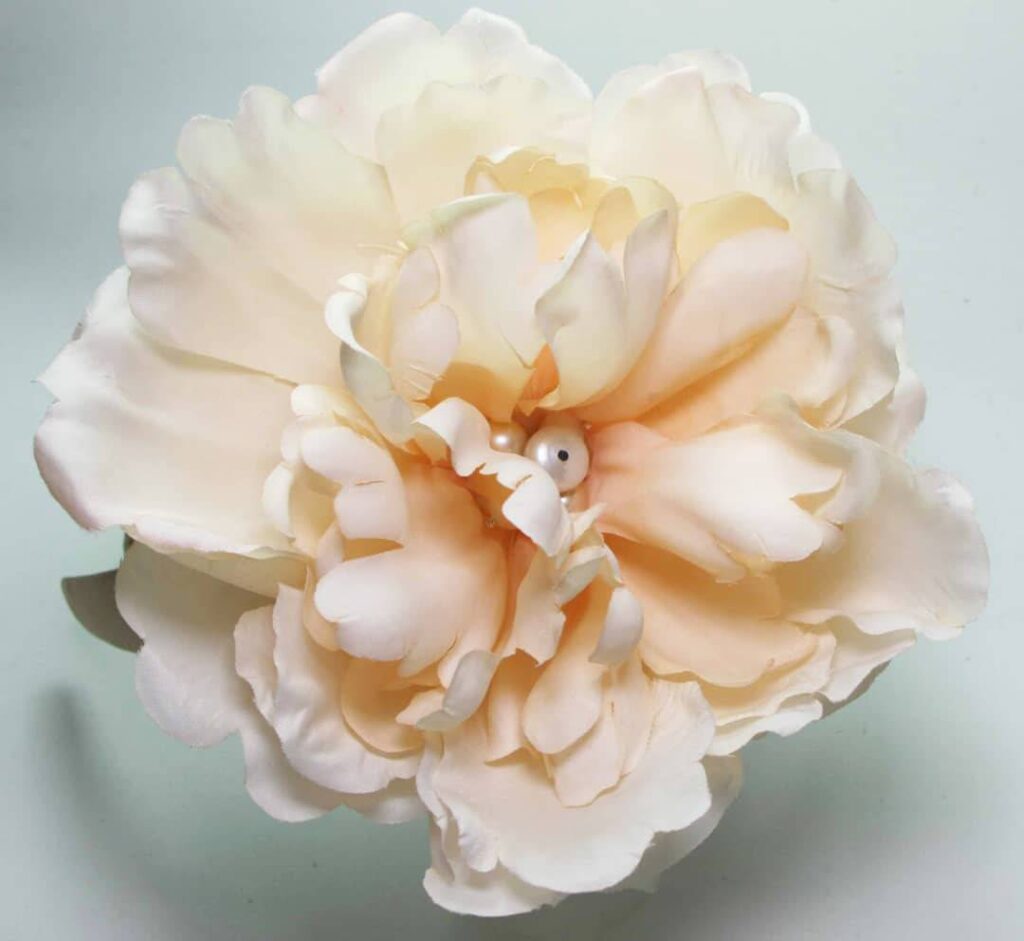 Tan silk headband with silk peony and baroque freshwater pearls