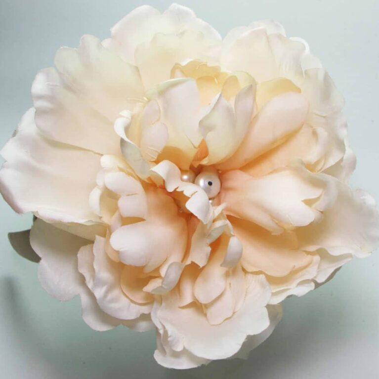 Tan silk headband with silk peony and baroque freshwater pearls