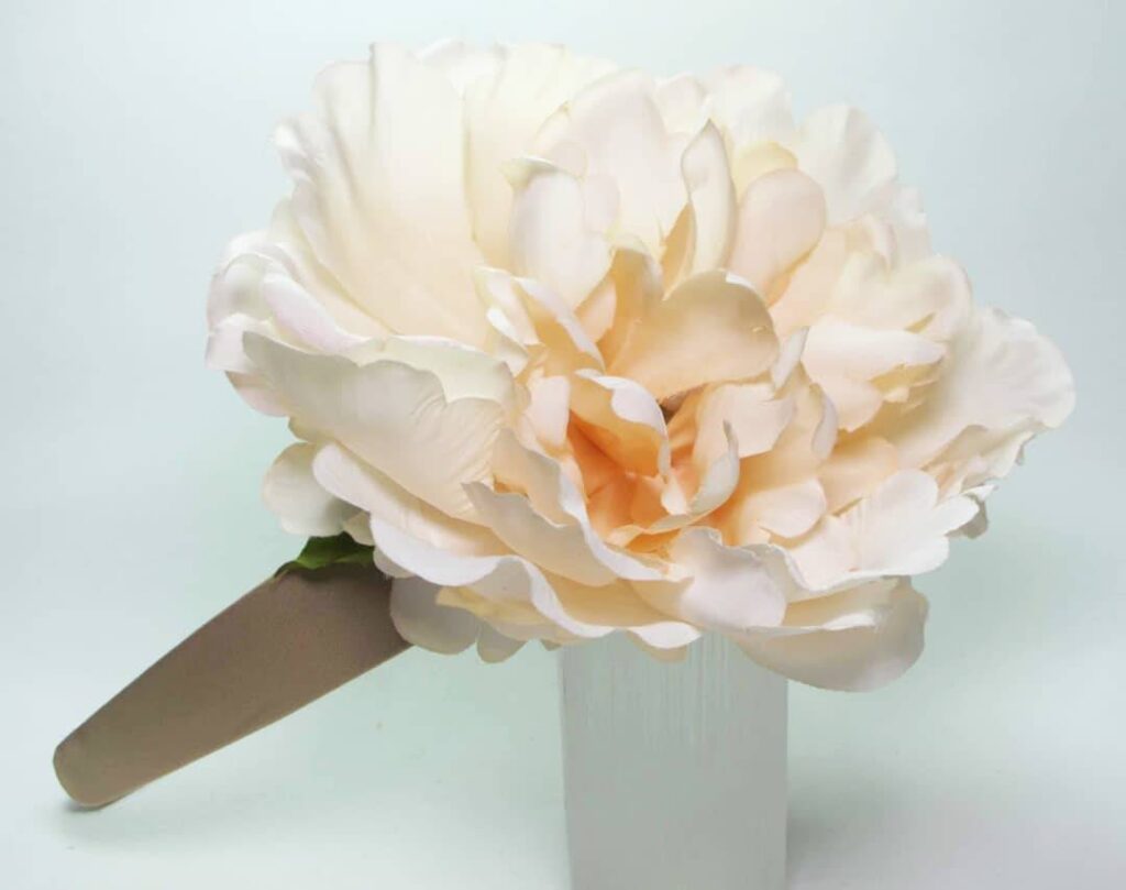 Tan silk headband with silk peony and baroque freshwater pearls