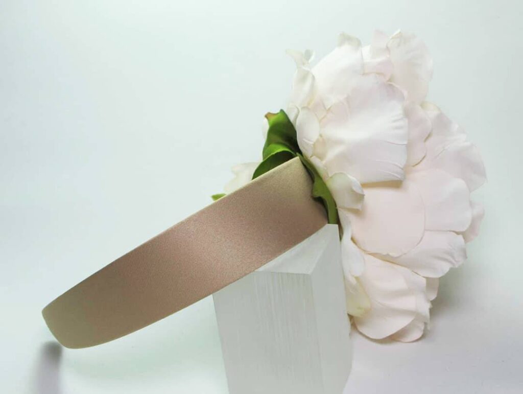 Tan silk headband with silk peony and baroque freshwater pearls