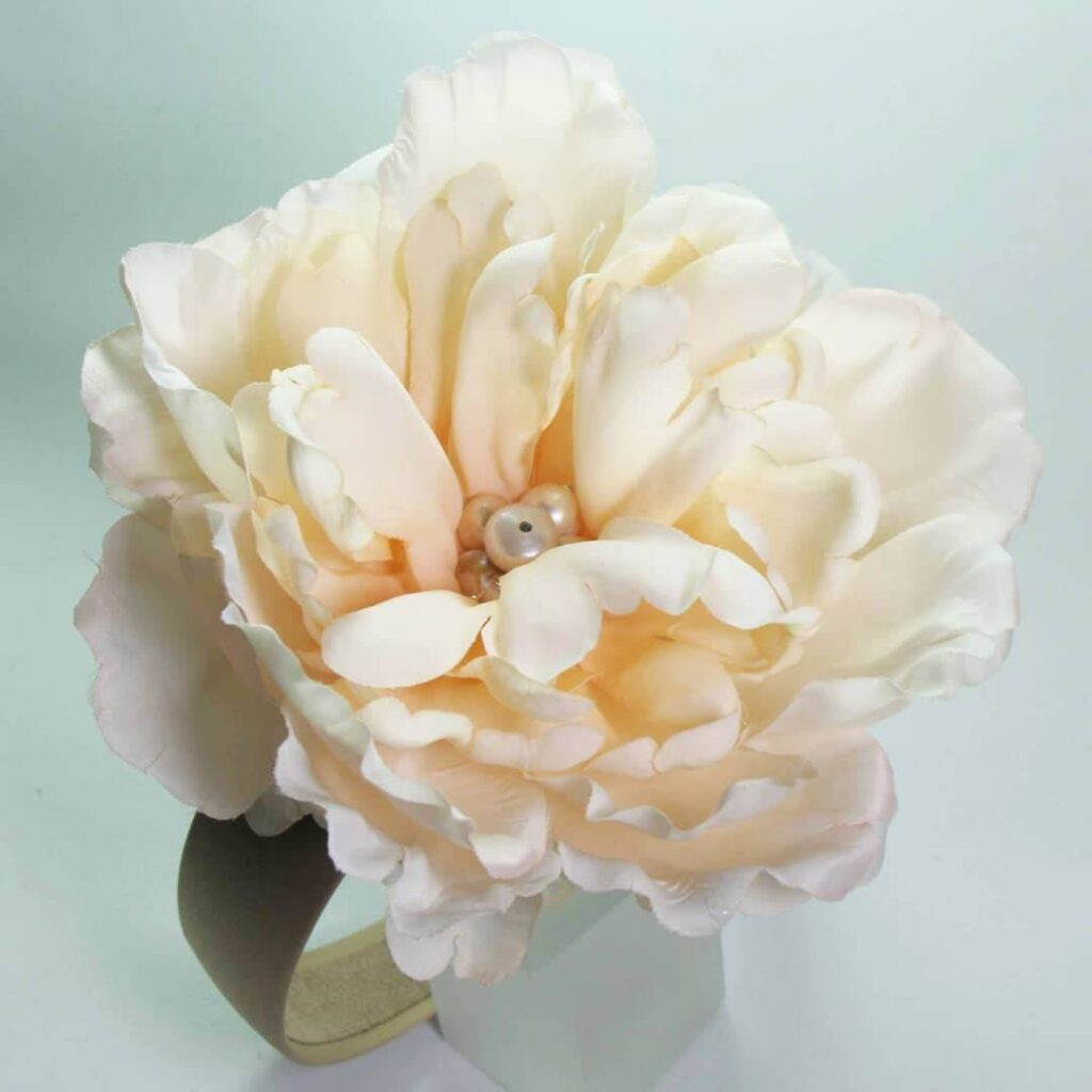 Tan silk headband with silk peony and baroque freshwater pearls