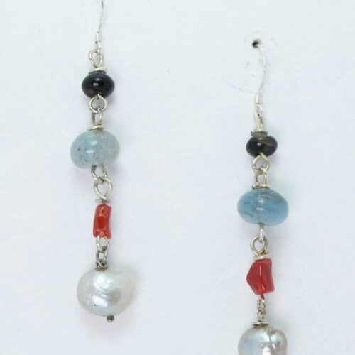 Silver earrings with aquamarine, red coral, gray keshi pearls and onyx