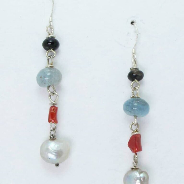 Silver earrings with aquamarine, red coral, gray keshi pearls and onyx